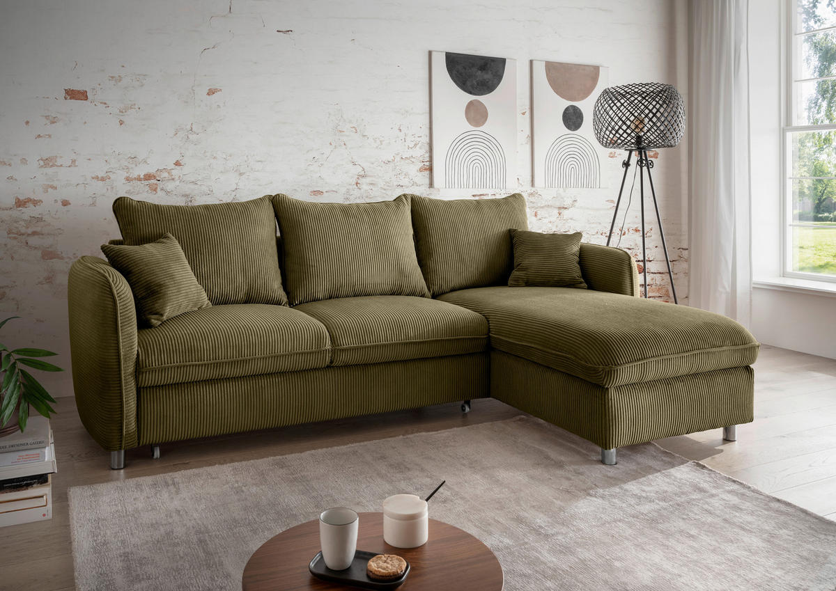 ECKSCHLAFSOFA Cord Olivgrün  - Chromfarben/Olivgrün, MODERN, Textil/Metall (254/160cm) - Livetastic