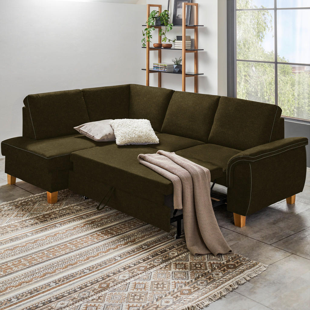 Thumbnail - Cantus Ecksofa, Olivgrün, Textil, Eiche, Uni, 4-Sitzer, Ottomane links, L-Form, 253x185 cm, Stoffauswahl, Liegefunktion,...
