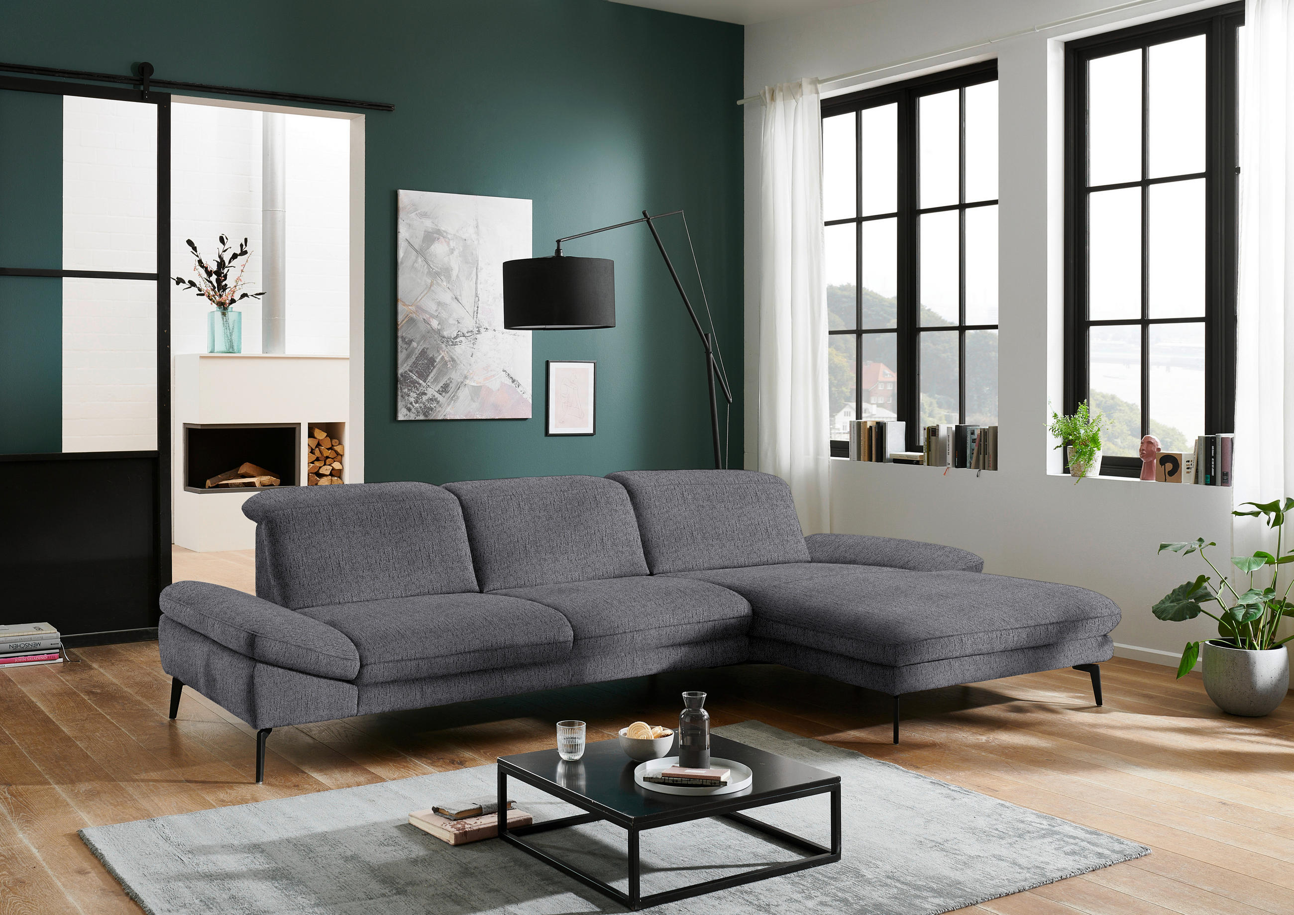 ECKSOFA in Chenille Anthrazit  - Anthrazit/Schwarz, Design, Textil/Metall (319/188cm) - Beldomo System