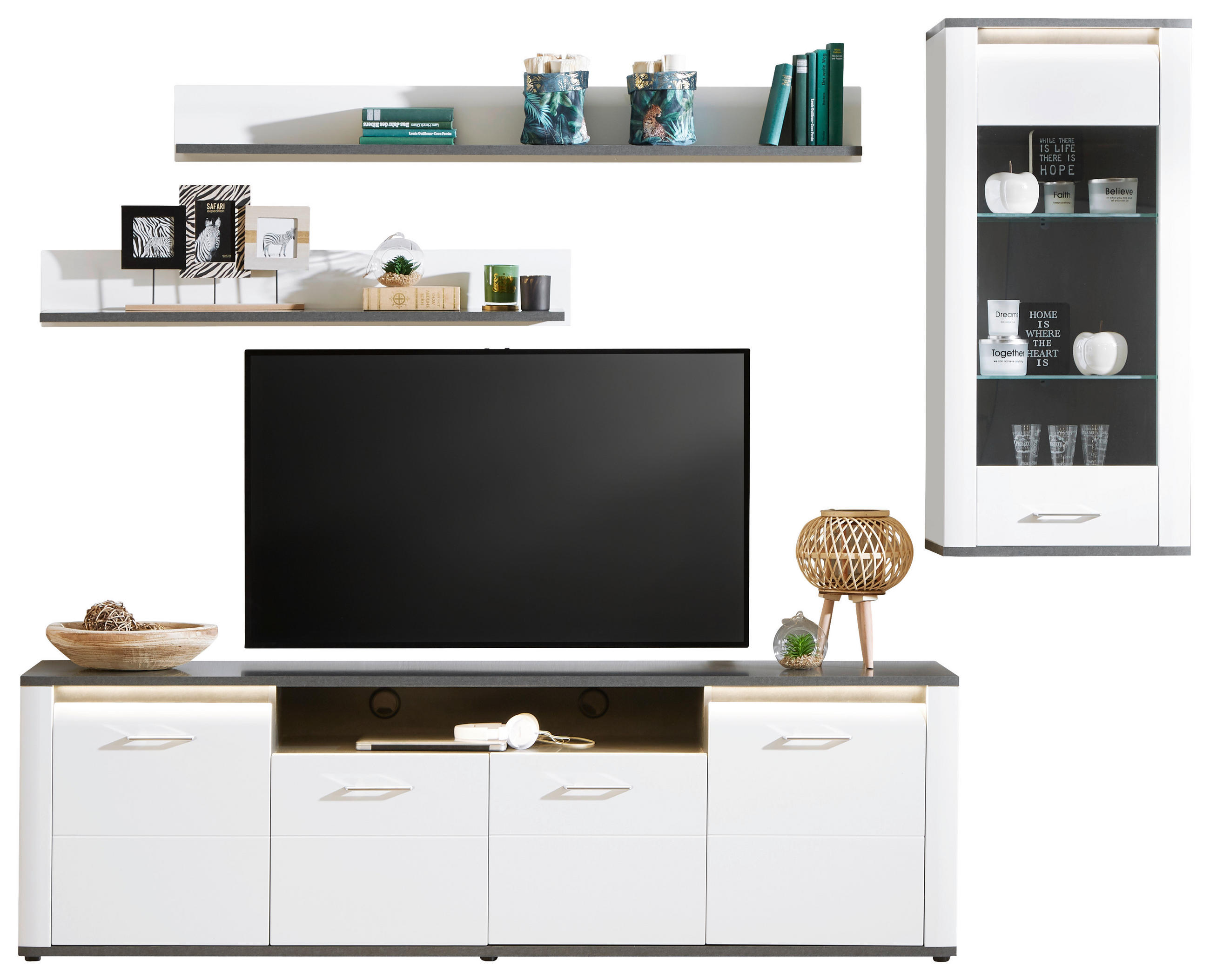 Wohnkombination Modern 5 -Teilig. mit Led Alassio 9, Weiß/Matera