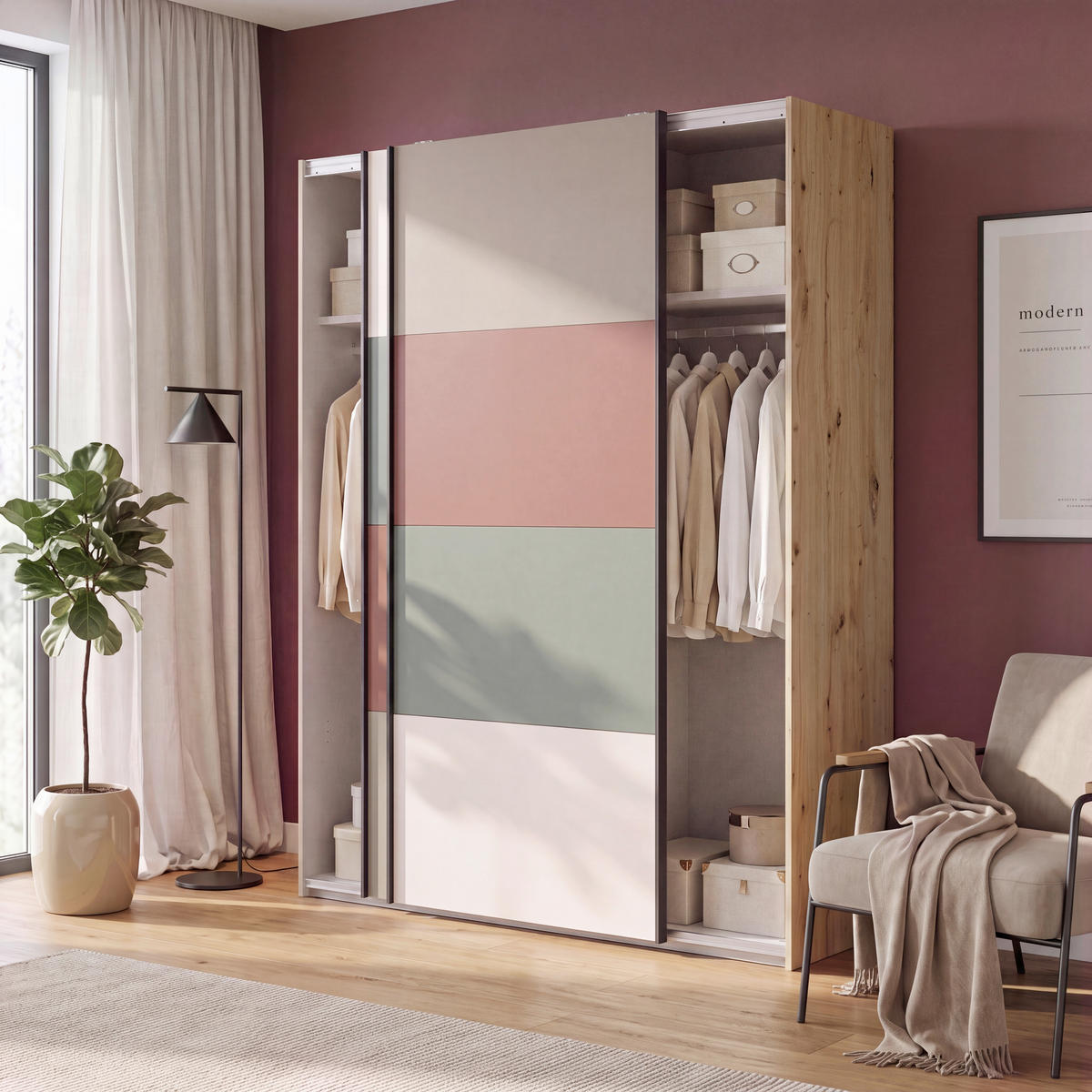 SCHWEBETÜRENSCHRANK Taupe, Sandfarben, Terracotta, Salbeigrün, Eiche Artisan  - Taupe/Sandfarben, Design, Holzwerkstoff/Metall (170,3/210,5/61,2cm) - Carryhome