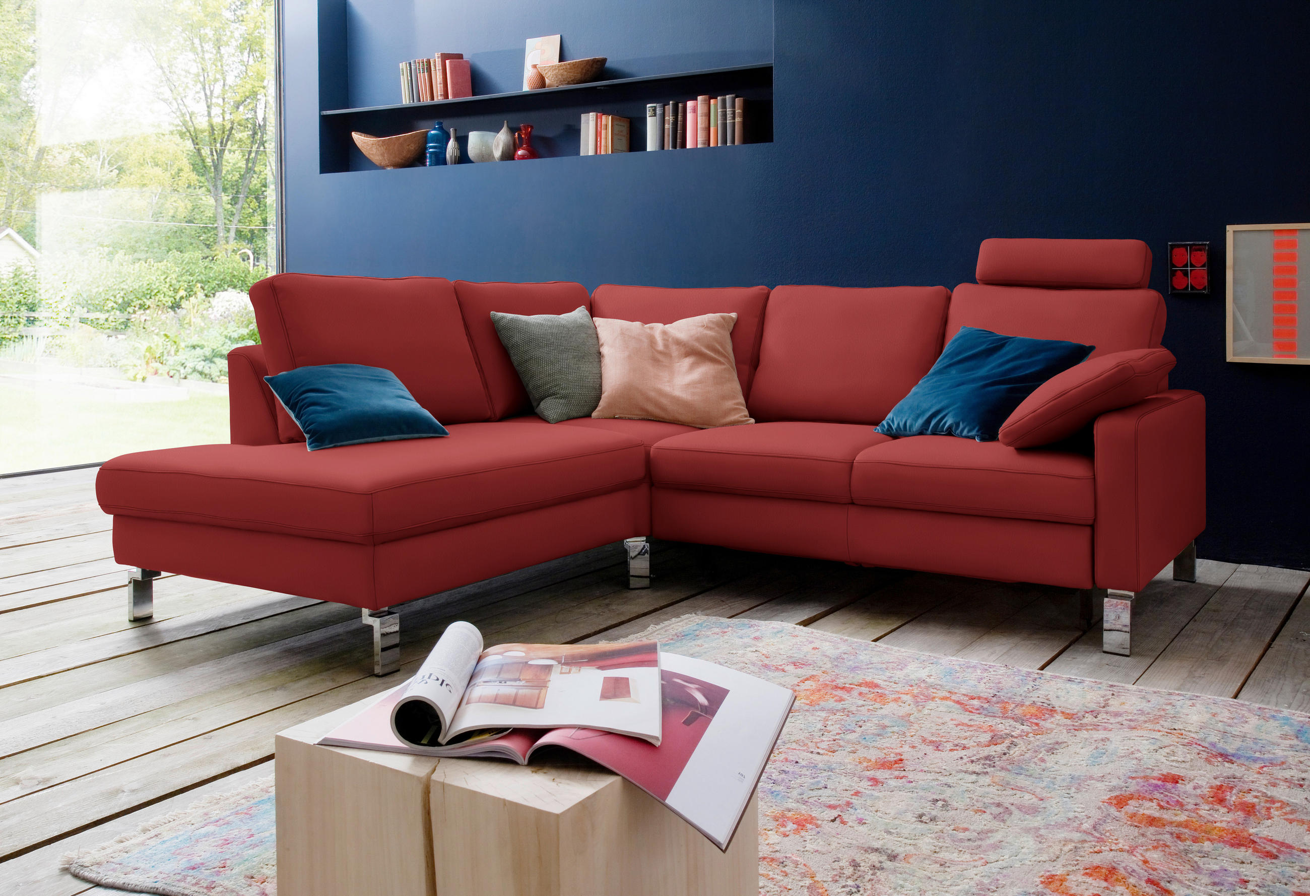ECKSOFA in Echtleder Rot  - Chromfarben/Rot, Design, Leder/Metall (200/281cm) - Pure Home Lifestyle