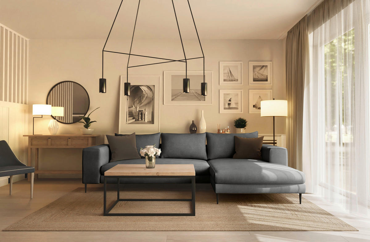ECKSCHLAFSOFA in Struktur Dunkelgrau  - Dunkelgrau/Schwarz, Modern, Textil/Metall (295/170cm) - Trendmanufaktur