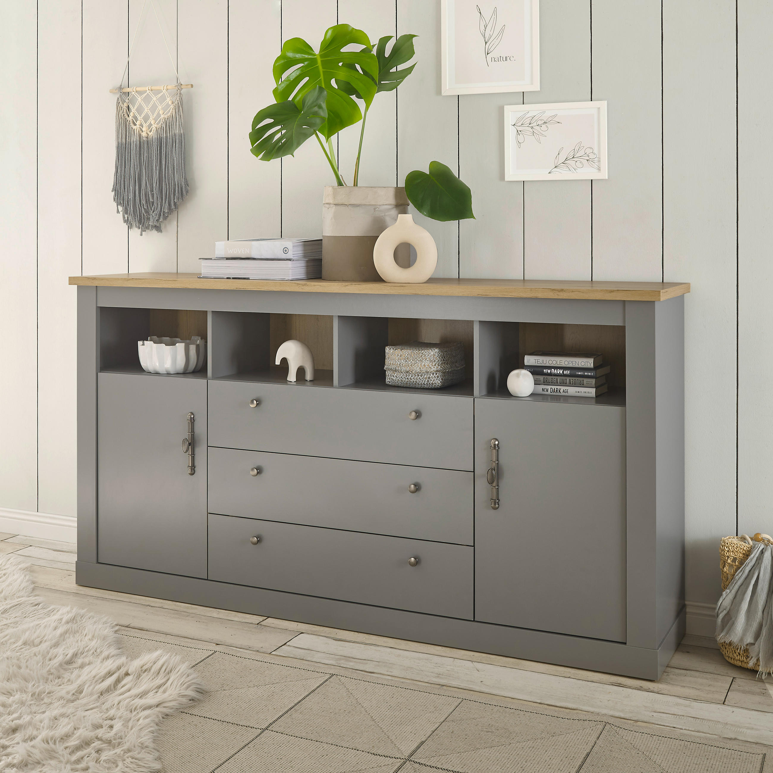 SIDEBOARD in 198/104/44 cm - Eichefarben/Silberfarben, Design, Holzwerkstoff/Metall (198/104/44cm) - MID.YOU