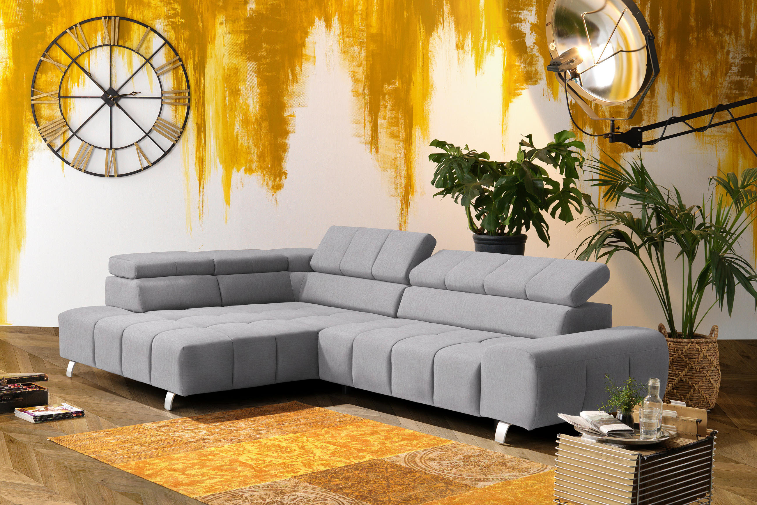 ECKSOFA Hellgrau Webstoff  - Dunkelgrau/Silberfarben, Design, Textil/Metall (201/295cm) - Hom`in