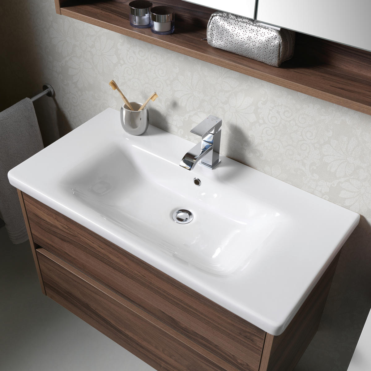 WASCHTISCHKOMBI 90 cm  - Nussbaumfarben/Weiß, Basics, Keramik/Holzwerkstoff (90cm) - Voleo