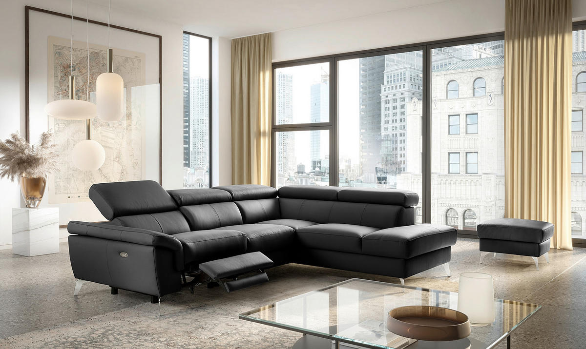 ECKSOFA SONO Schwarz Echtleder Lederlook Bettkasten, Armteilverstellung, Kopfteilverstellung  - Chromfarben/Schwarz, Design, Leder/Textil (265/210cm) - Livetastic