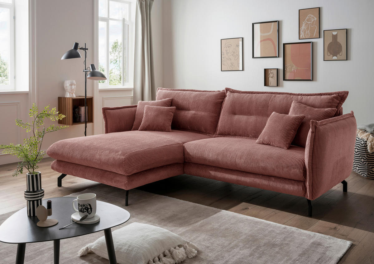 ECKSOFA in Cord Koralle  - Koralle/Schwarz, Modern, Textil/Metall (180/255cm) - Livetastic