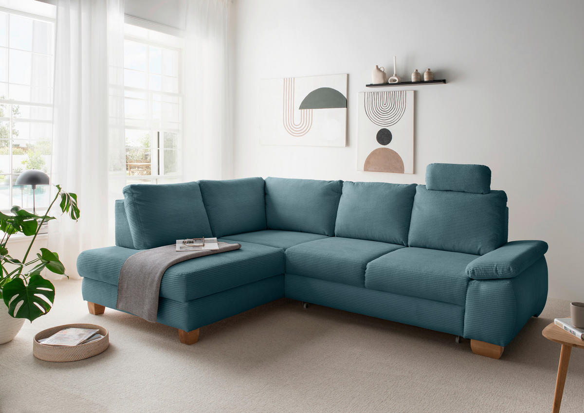 ECKSCHLAFSOFA in Cord Petrol  - Wildeiche/Petrol, Modern, Holz/Textil (206/261cm) - Livetastic