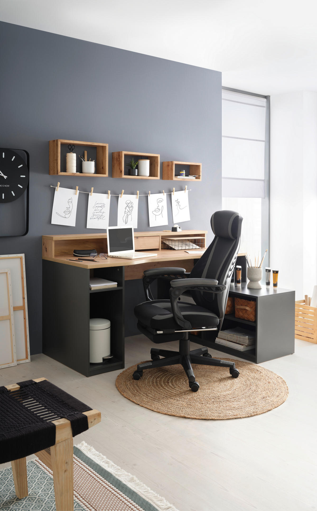 KOTNA PISALNA MIZA leseni material antracit, barve hrasta  - barve hrasta/antracit, Trend, leseni material (160/92,4/120cm) - Carryhome