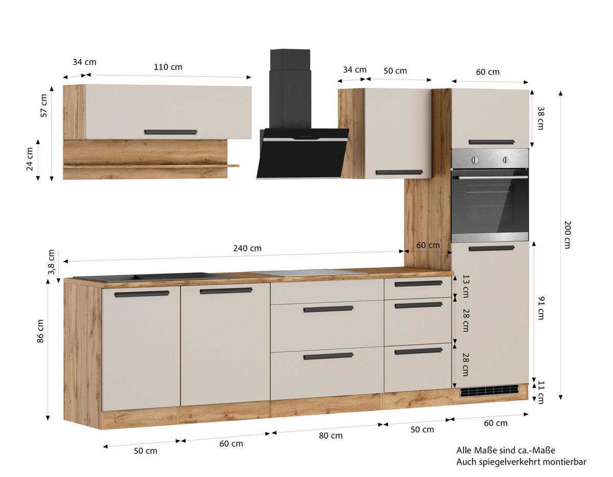 KÜCHENBLOCK Aveiro 300 cm  in Kaschmir, Eiche Wotan  - Kaschmir/Eiche Wotan, Trend, Holzwerkstoff/Metall (300cm) - Held