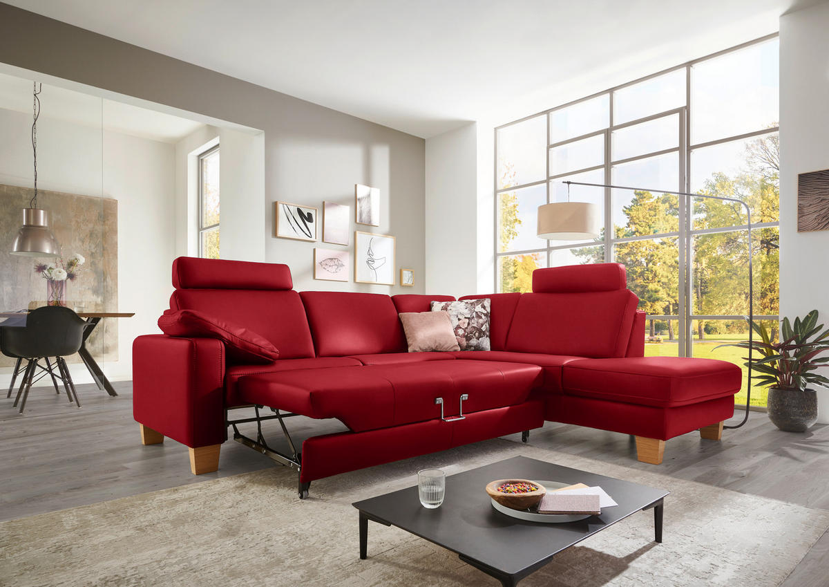ECKSOFA in Echtleder Rot  - Eiche Bianco/Rot, Konventionell, Leder/Holz (257/235cm) - Valdera