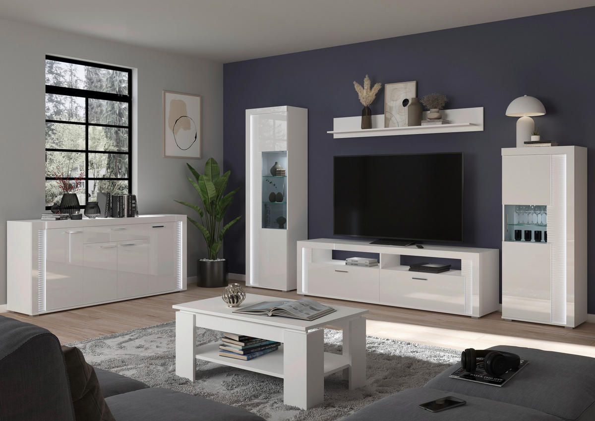 OBÝVACÍ STĚNA, vysoce lesklá bílá - barvy stříbra/vysoce lesklá bílá, Design, kompozitní dřevo/plast (351/202/46cm) - MID.YOU