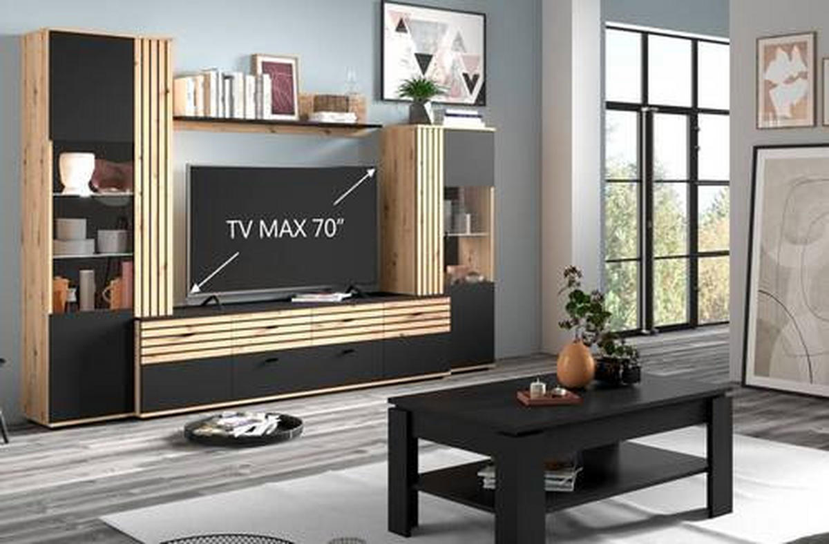 WOHNWAND  in Schwarz, Eiche Artisan  300/199,8/45 cm  - Schwarz/Eiche Artisan, KONVENTIONELL, Glas/Holzwerkstoff (300/199,8/45cm) - Carryhome