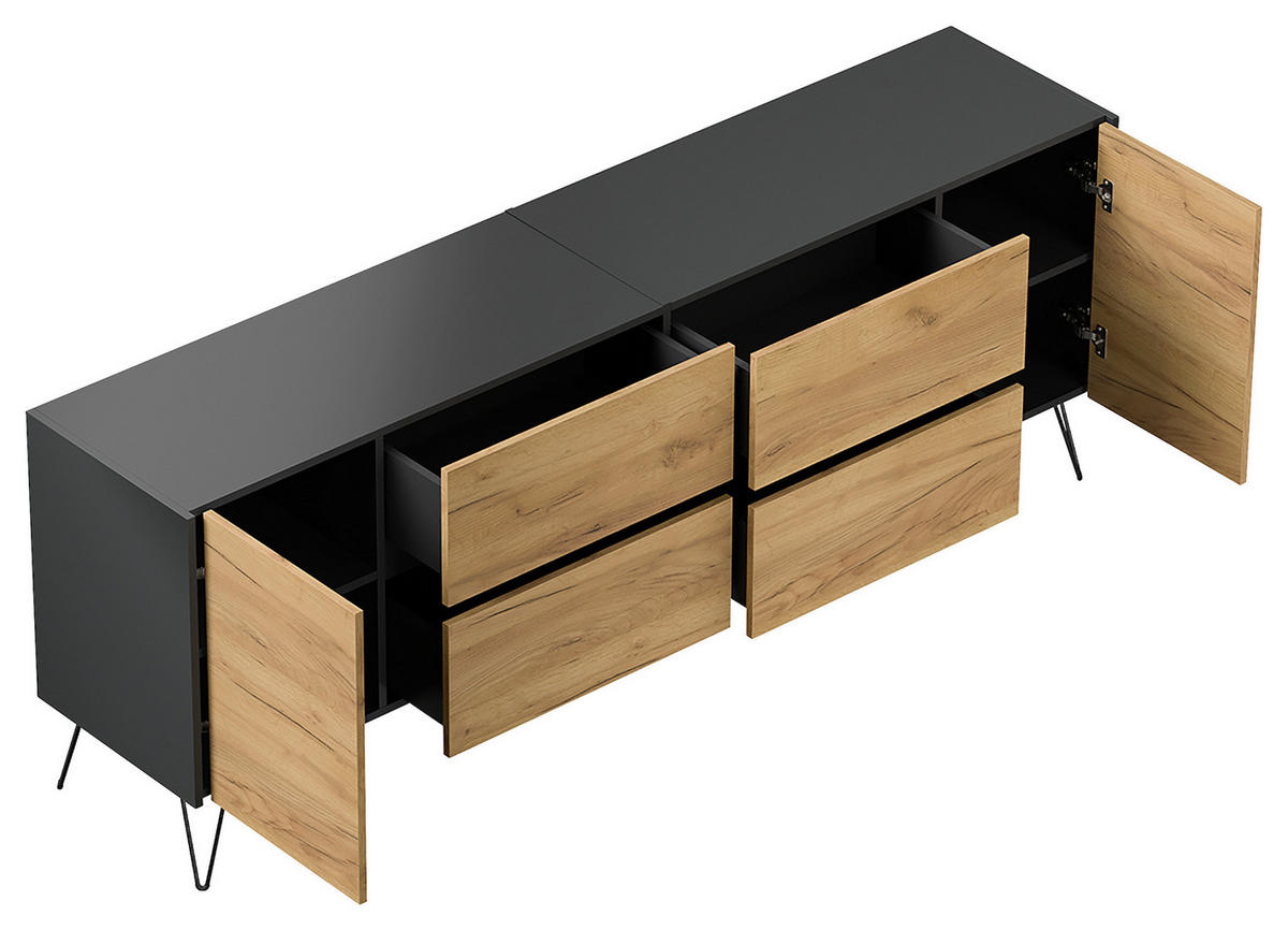 SIDEBOARD Posseik Industrial 199/75,8/42 cm 4 Schublade(n)  - Eichefarben/Graphitfarben, Design, Holzwerkstoff/Metall (199/75,8/42cm) - MID.YOU