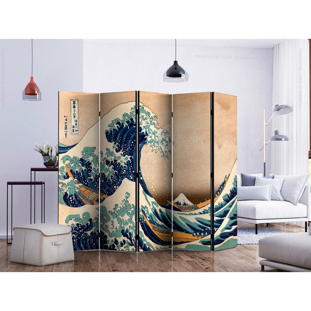 Thumbnail - artgeist Paravent, Dunkelgrün, Beige, Holz, Textil, Kiefer, massiv, Wellen, 225x172x3 cm, Motiv auf Vorderseite, Wohnzim...