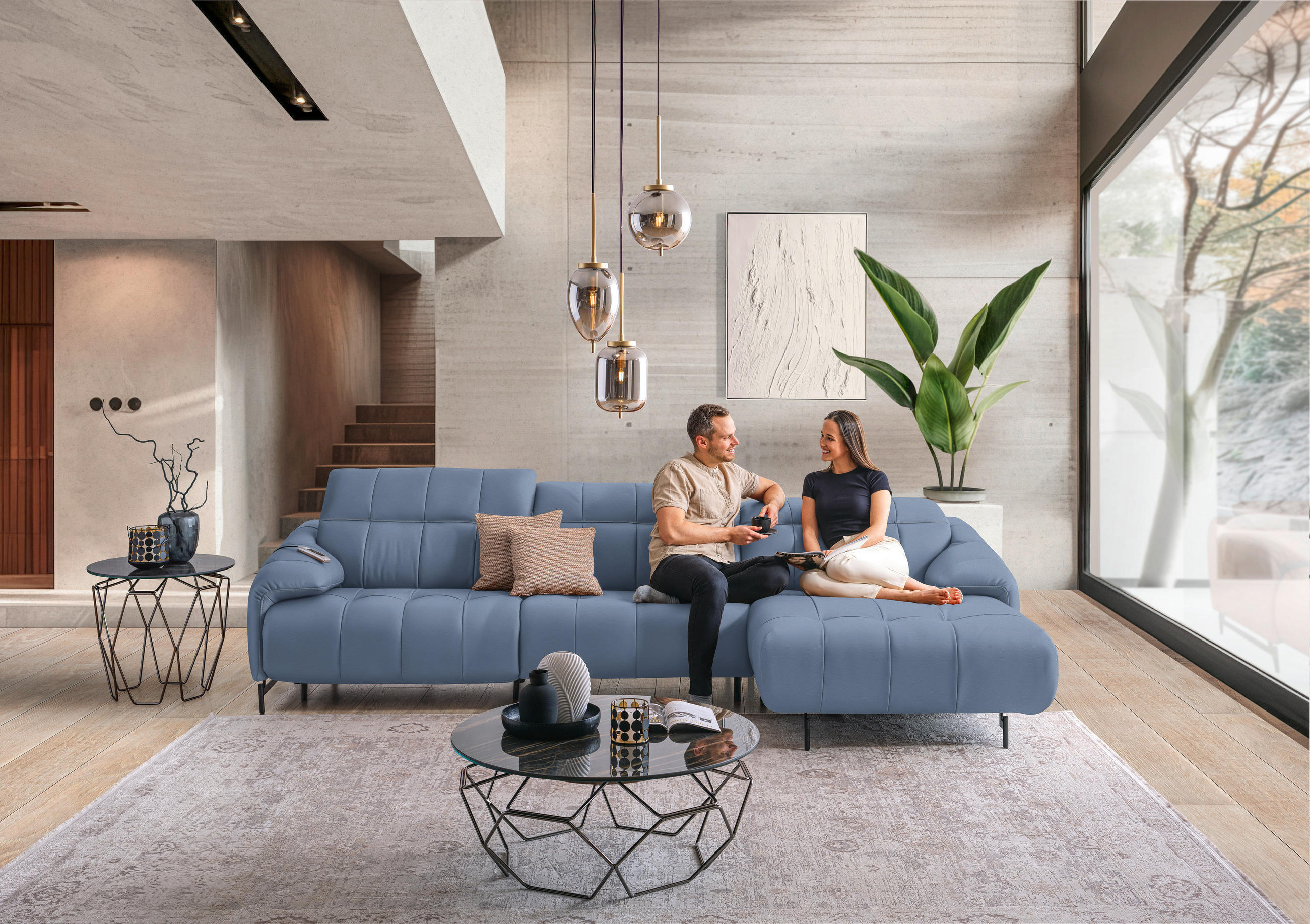 ECKSOFA in Echtleder Hellblau  - Schwarz/Hellblau, Design, Leder/Metall (313/165cm) - Emilio Belluti