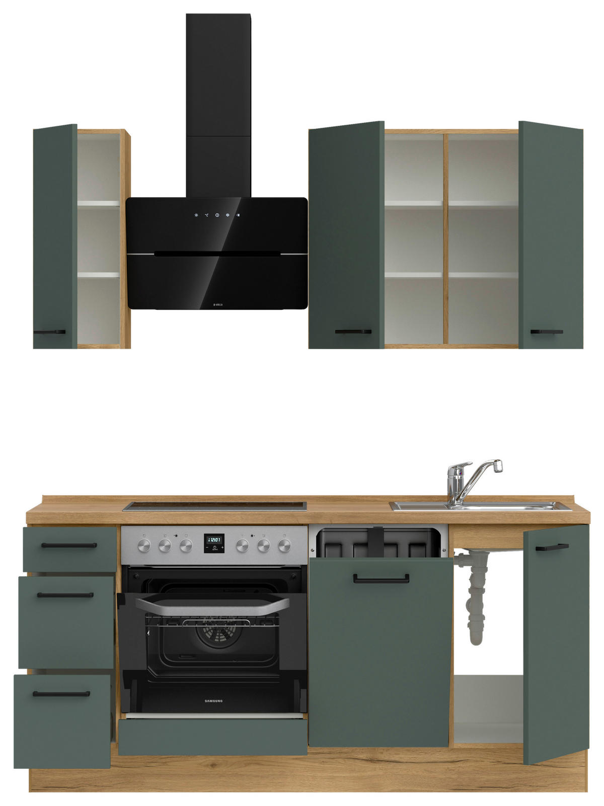 KÜCHENBLOCK Easytouch 180 cm  in Eichefarben, Dunkelgrün  - Dunkelgrün/Eichefarben, MODERN, Holzwerkstoff/Metall (180cm) - Nobilia