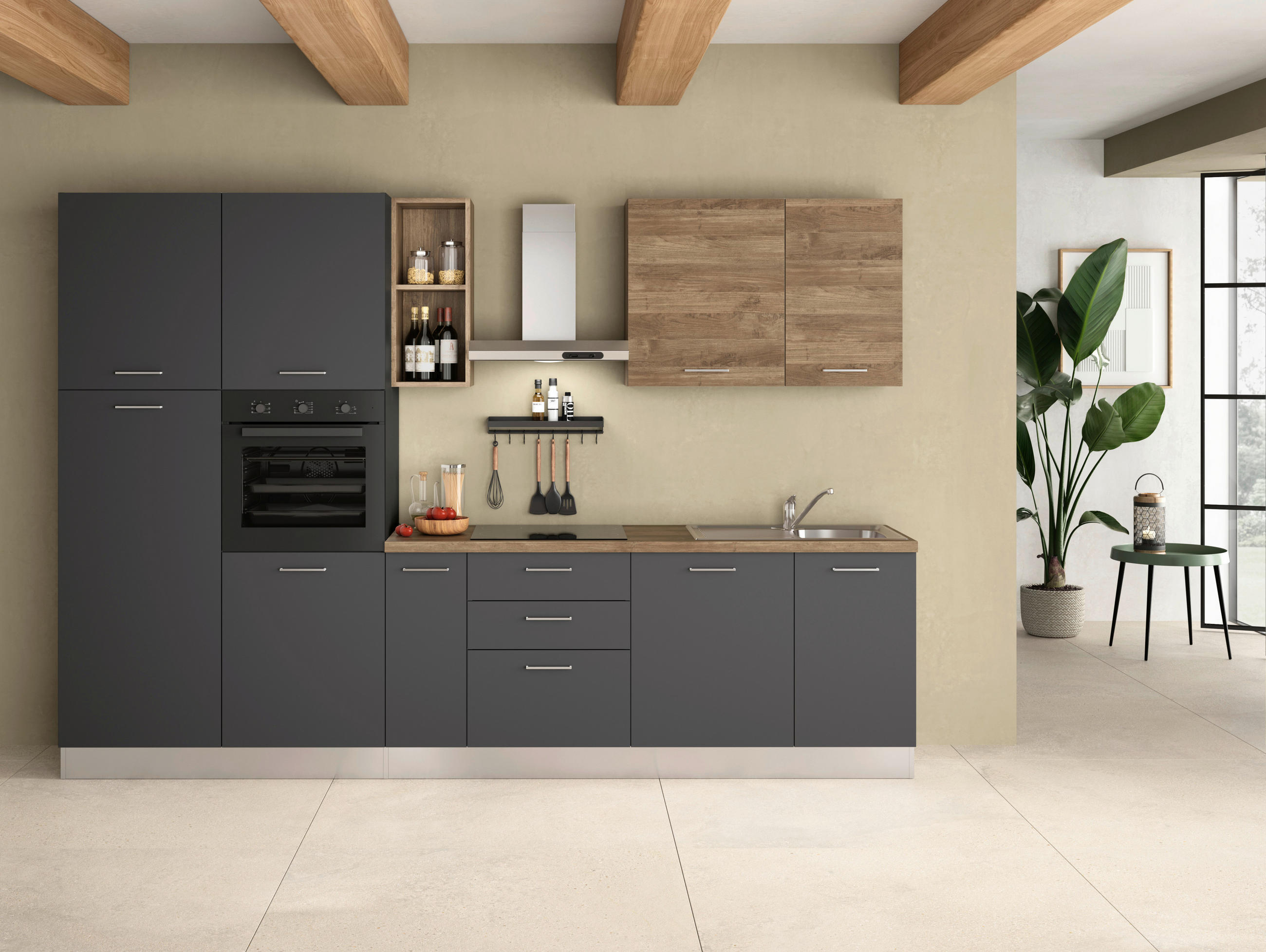 Küchenzeile Freia Mit Geräten 315 Cm Anthrazit/nussbaum