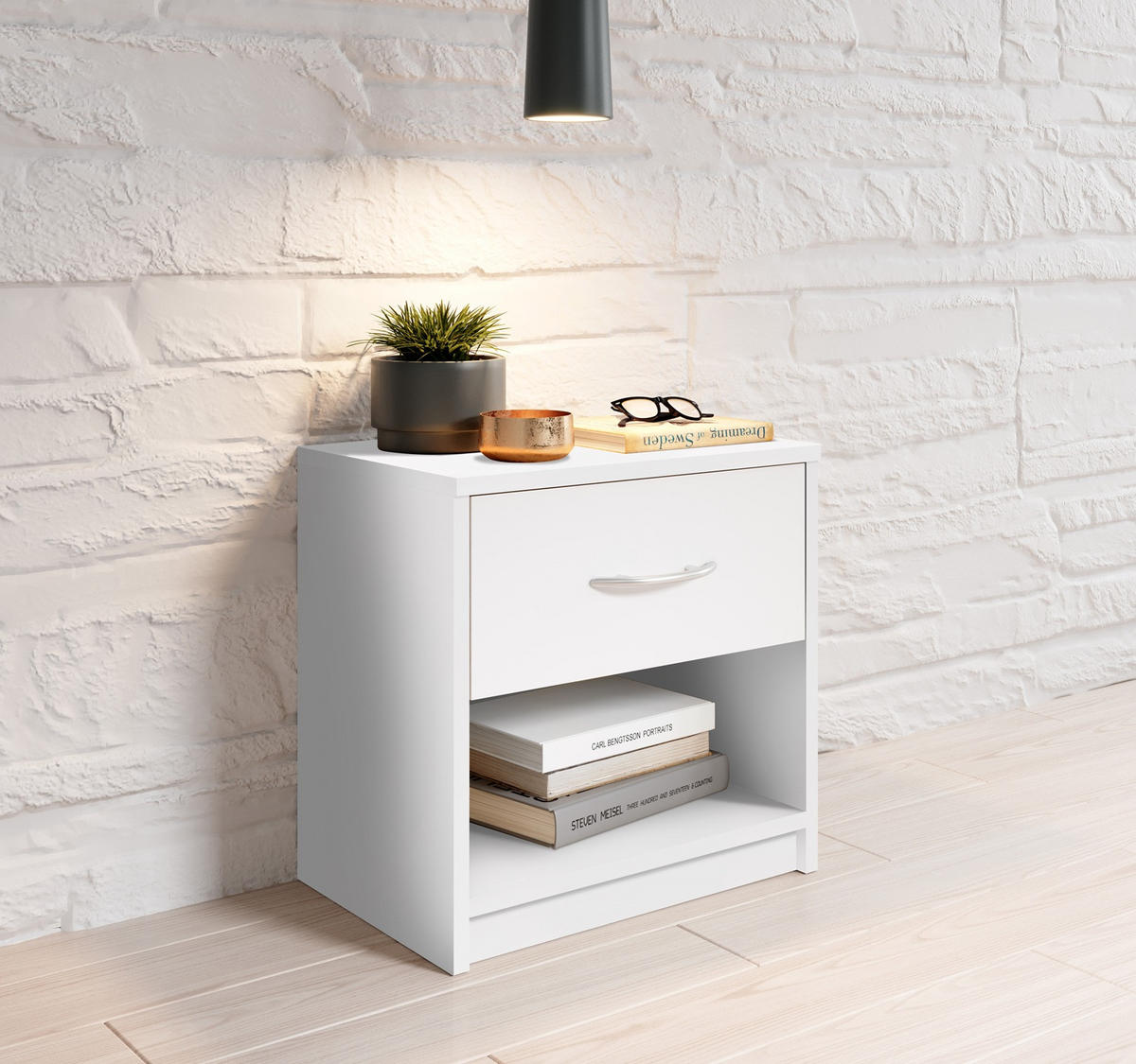 Noptieră, 39/41/28 cm, alb - alb/culoare aluminiu, Design, plastic/material pe bază de lemn (39/41/28cm) - Boxxx