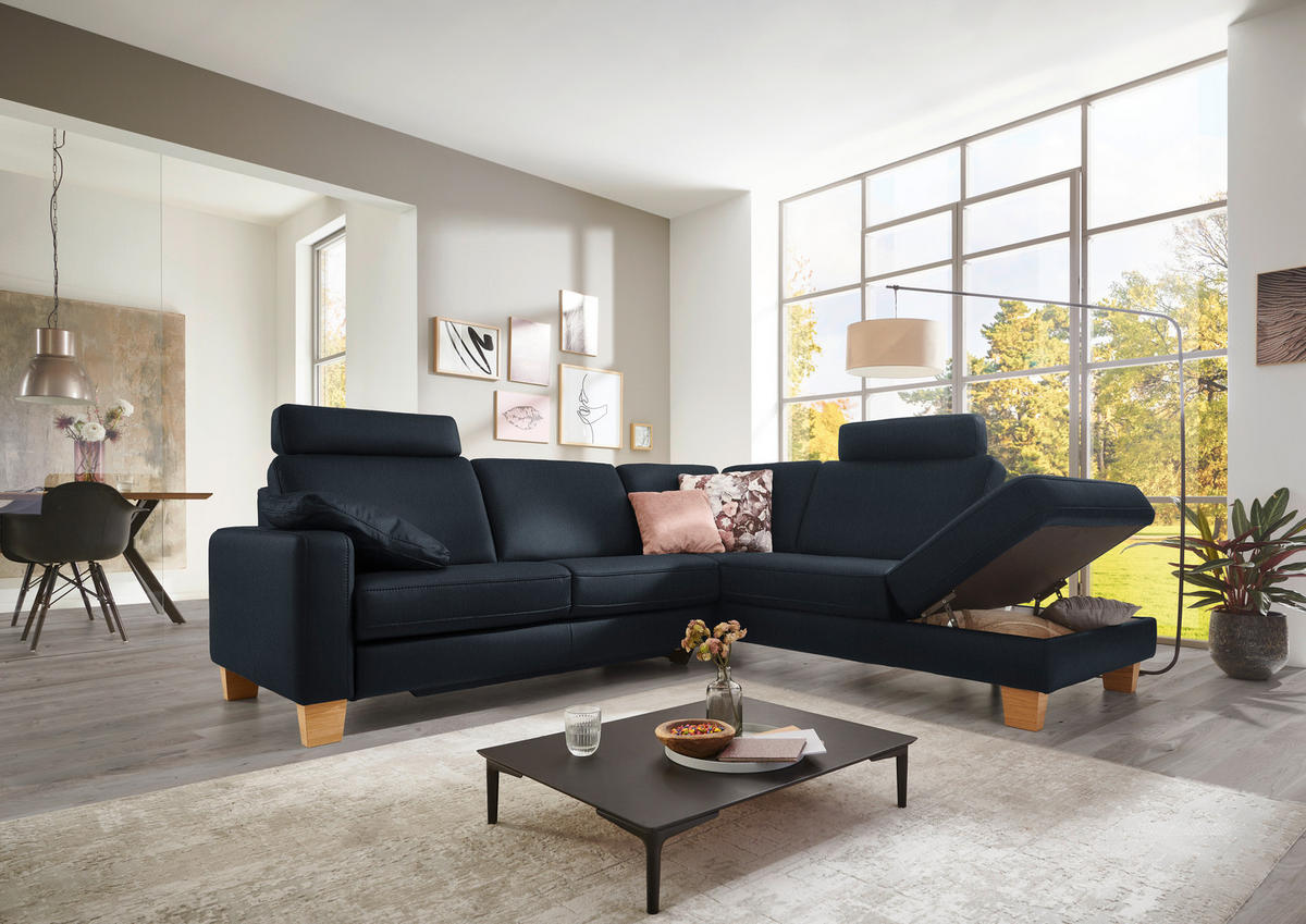 ECKSOFA in Echtleder Dunkelblau  - Eiche Bianco/Dunkelblau, Konventionell, Leder/Holz (257/235cm) - Valdera