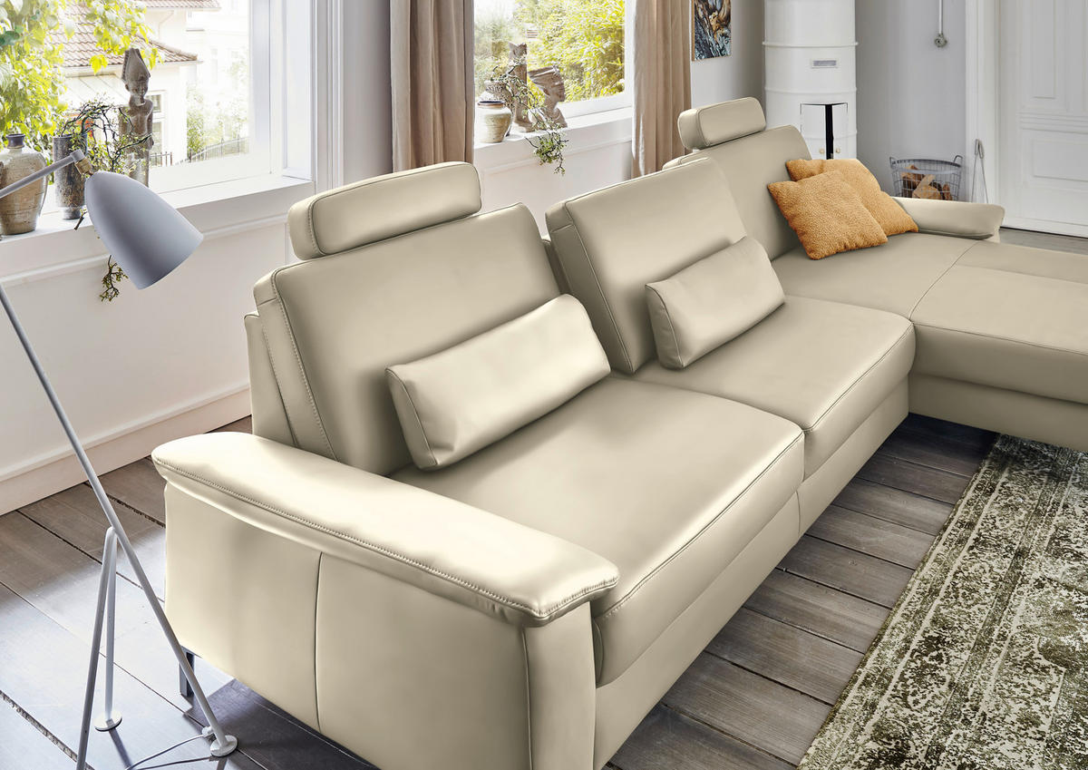 ECKSOFA in Echtleder Creme, Naturfarben  - Creme/Schwarz, Design, Leder/Metall (334/176cm) - Dieter Knoll