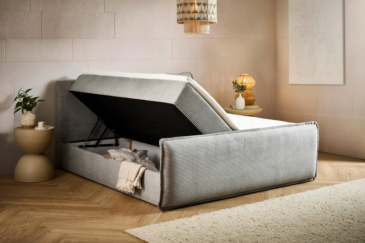 BOXBETT 180/200 cm,  in Hellgrau, Kissen, Bettkasten, Topper, H3 + H3 = fest  - Hellgrau/Schwarz, Design, Kunststoff/Textil (180/200cm) - Chameo