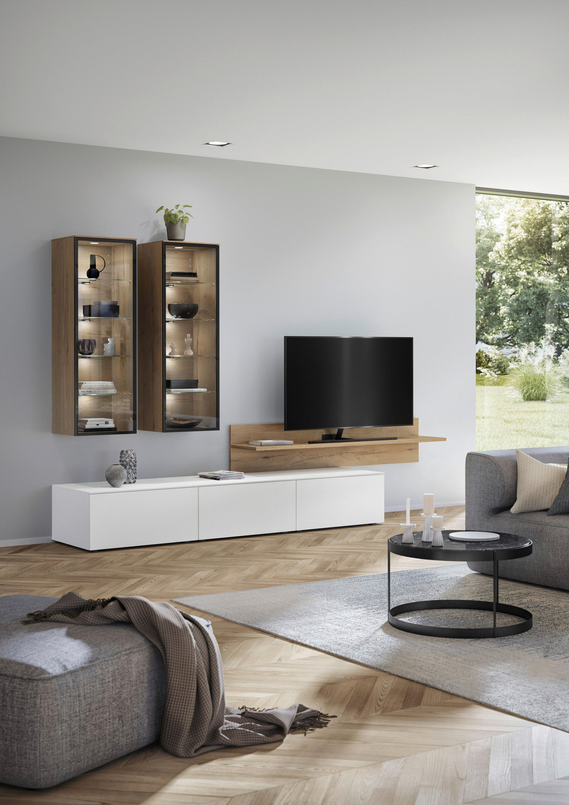 WOHNWAND  in Weiß, Eichefarben  320,3/204,6/58,5 cm  - Eichefarben/Weiß, Design, Glas/Holzwerkstoff (320,3/204,6/58,5cm) - Celina Home