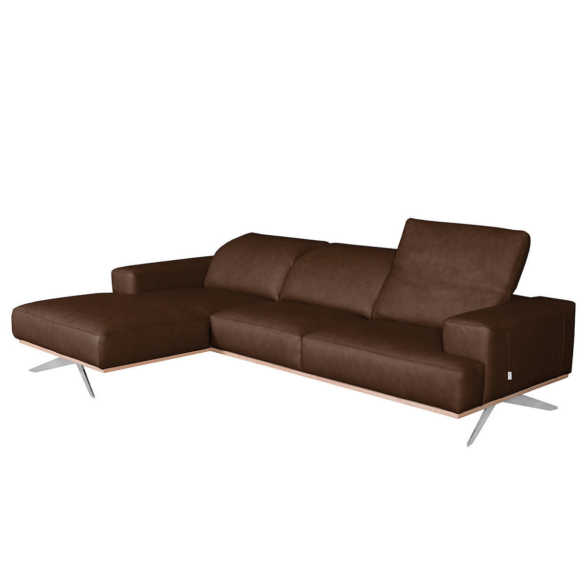 ECKSOFA Dunkelbraun Echtleder Rücken echt, Kopfteilverstellung  - Chromfarben/Dunkelbraun, Design, Leder/Metall (187/295cm) - Livetastic