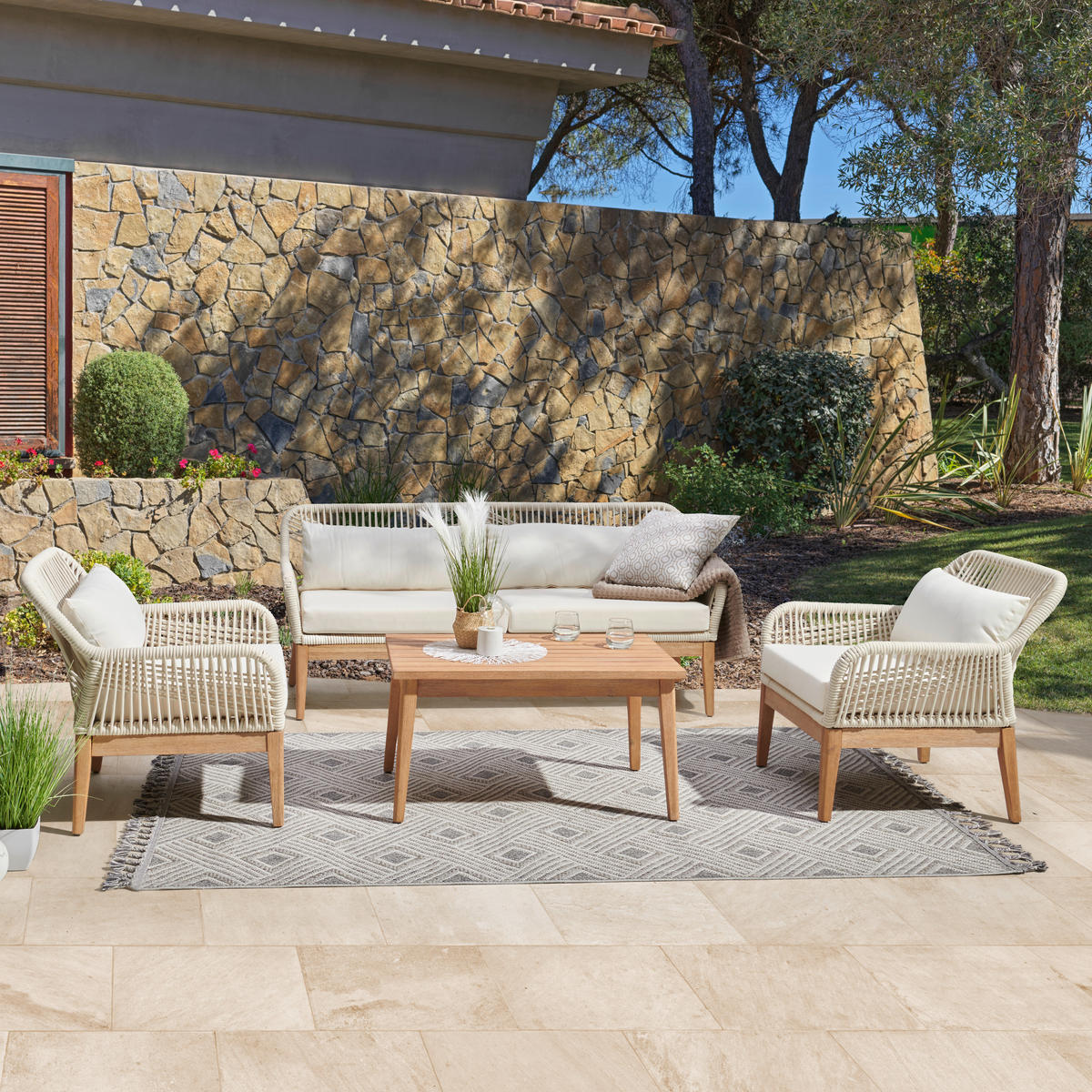 LOUNGEGARNITUR Akazie vollmassiv Aluminium  - Creme/Weiß, MODERN, Holz/Metall (85/55/45cm) - Ambia Garden