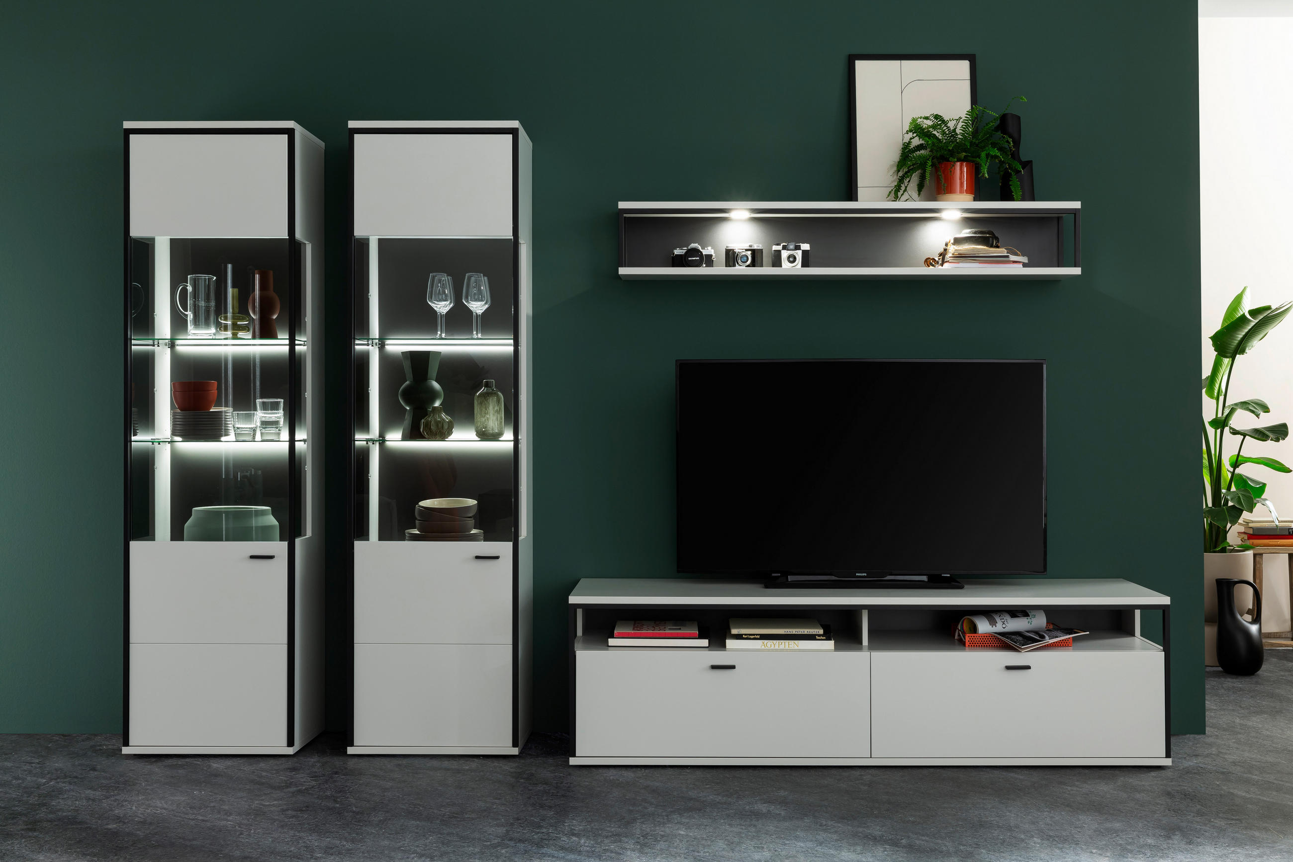 WOHNWAND  in Schwarz, Weiß  312/199/51 cm  - Schwarz/Weiß, Design, Glas/Holzwerkstoff (312/199/51cm) - Stylife