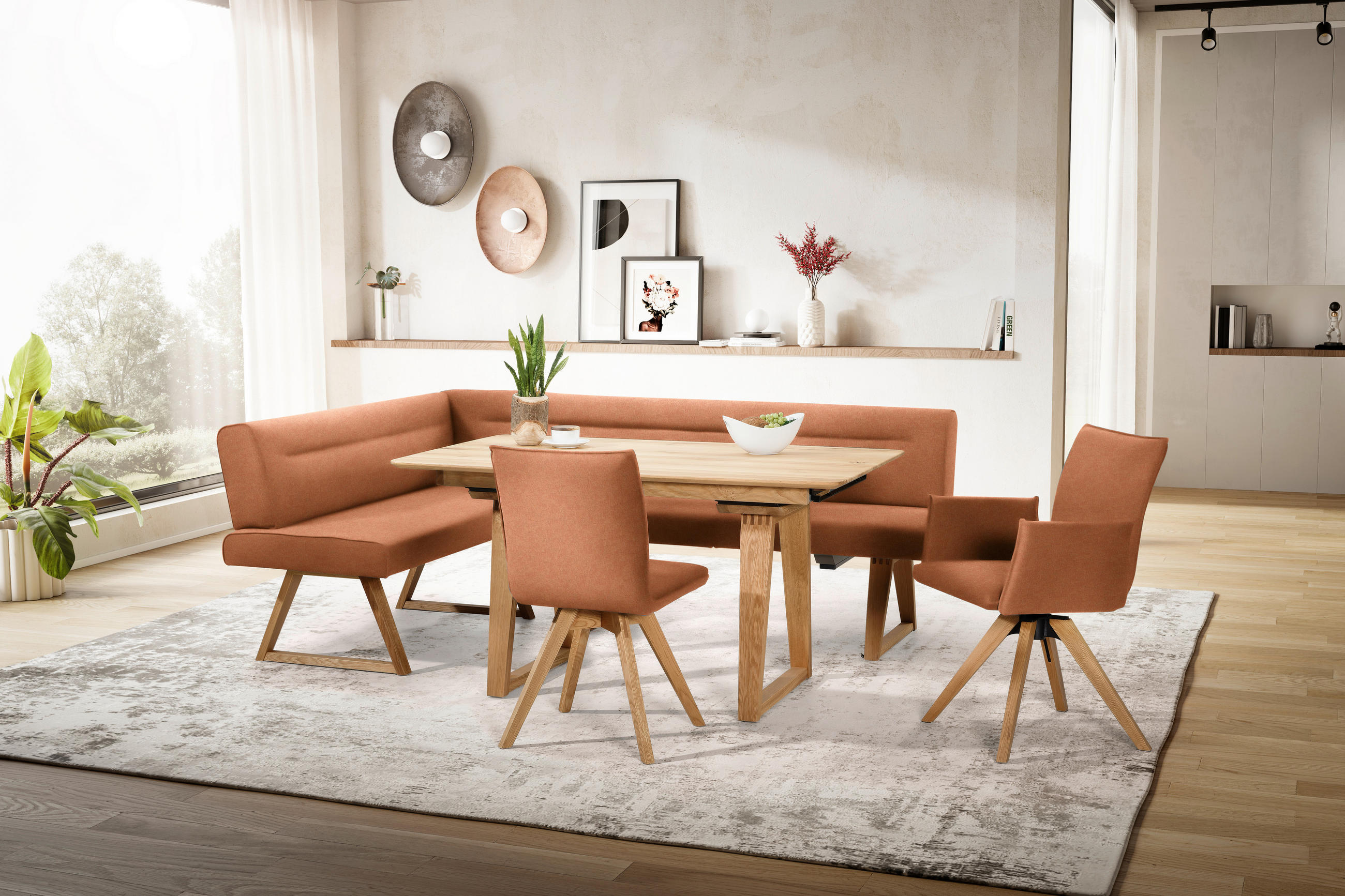 ECKBANK 170/230 cm Mikrofaser, Lederlook (vegan) Eichefarben, Cognac Wildeiche massiv   - Eichefarben/Cognac, KONVENTIONELL, Holz/Textil (170/230cm) - Moderano