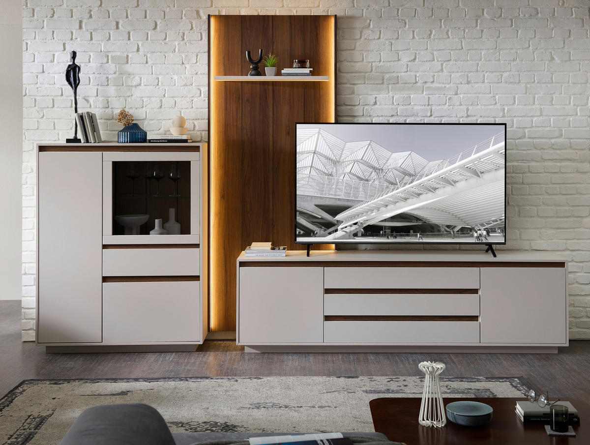 ANSAMBLU MOBILIER CAMERA DE Z in culoare lemn de nuc, cașmir  - cașmir/culoare lemn de nuc, Design, sticlă/material pe bază de lemn (354/232/45cm) - Stylife