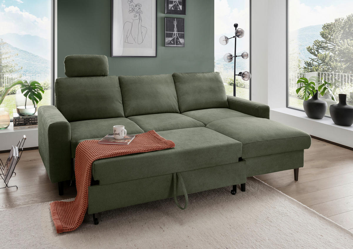 ECKSCHLAFSOFA in Chenille Dunkelgrün  - Dunkelgrün/Schwarz, Modern, Holz/Textil (234/147cm) - Livetastic