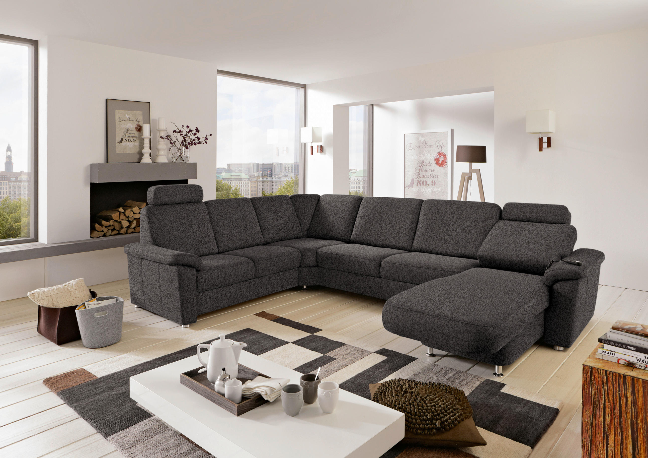 WOHNLANDSCHAFT in Flachgewebe Dunkelgrau  - Chromfarben/Dunkelgrau, Konventionell, Textil/Metall (240/330/163cm) - Beldomo System