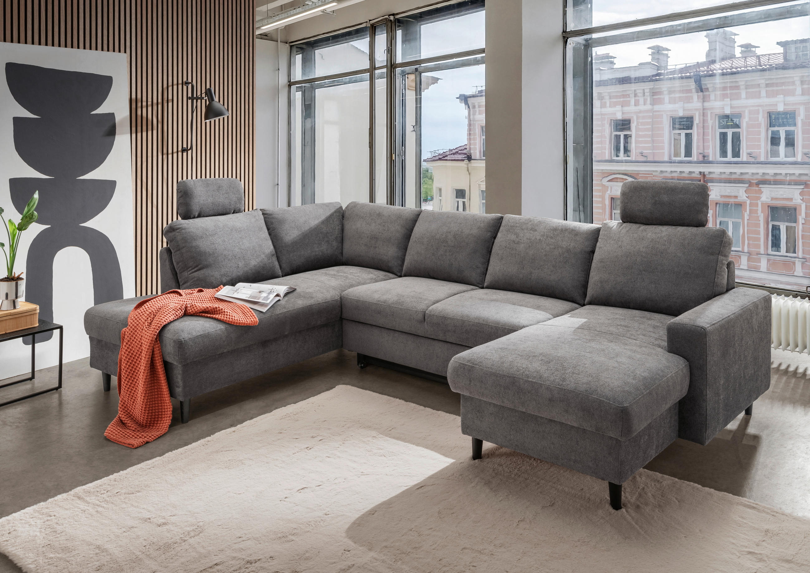 WOHNLANDSCHAFT Dunkelgrau Chenille  - Dunkelgrau/Schwarz, MODERN, Holz/Textil (200/305/153cm) - Livetastic
