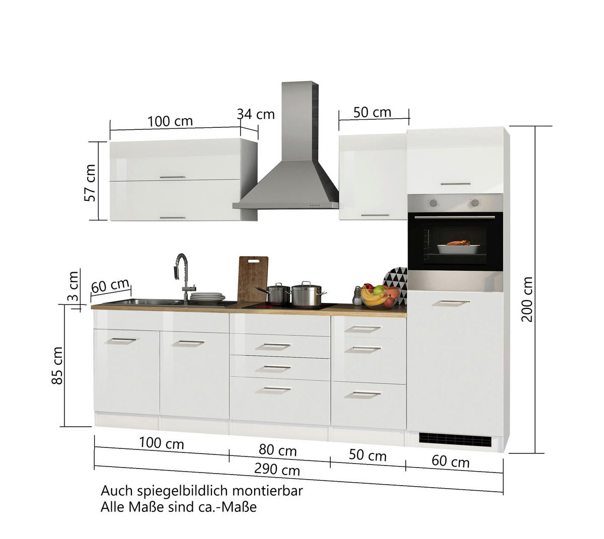 KÜCHENBLOCK 290 cm   in Weiß Hochglanz  - Weiß Hochglanz/Silberfarben, MODERN, Holzwerkstoff/Metall (290cm) - Held