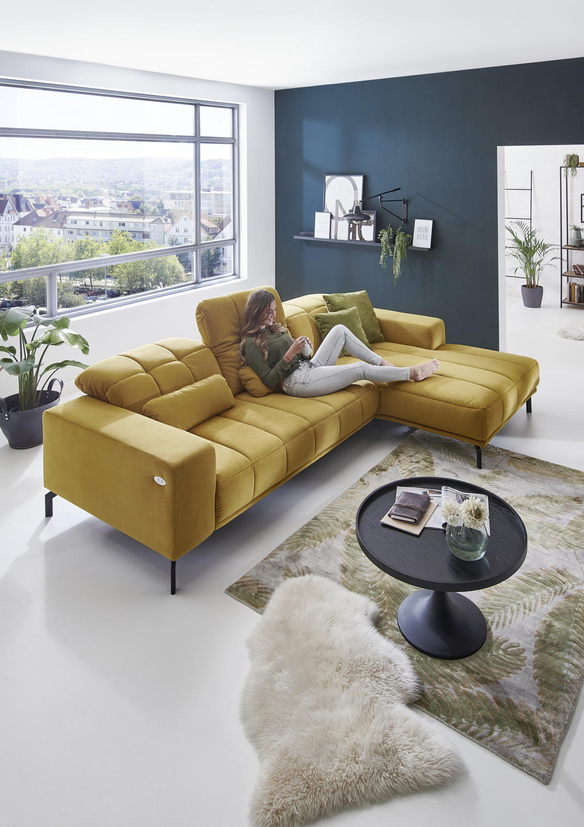 ECKSOFA in Velours Currygelb  293/195 cm  - Currygelb/Schwarz, Design, Textil/Metall (293/195cm) - Beldomo Style