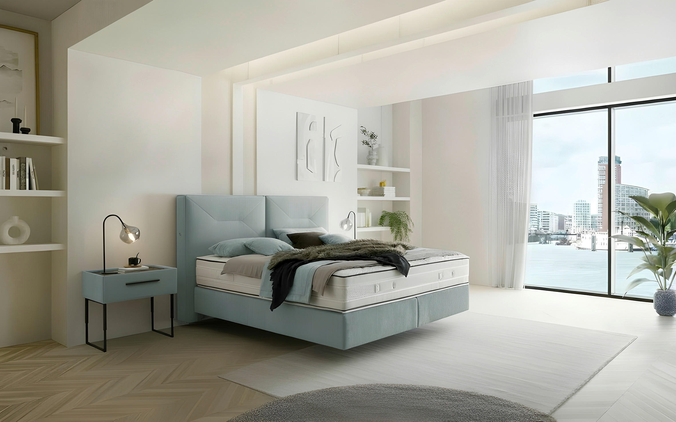 Thumbnail - Dieter Knoll Boxspringbett, Hellblau, Textil, H3 + H4, Höhe ca. 27 cm, 180x200 cm, gepolstertes Kopfteil, Federkernmatra...