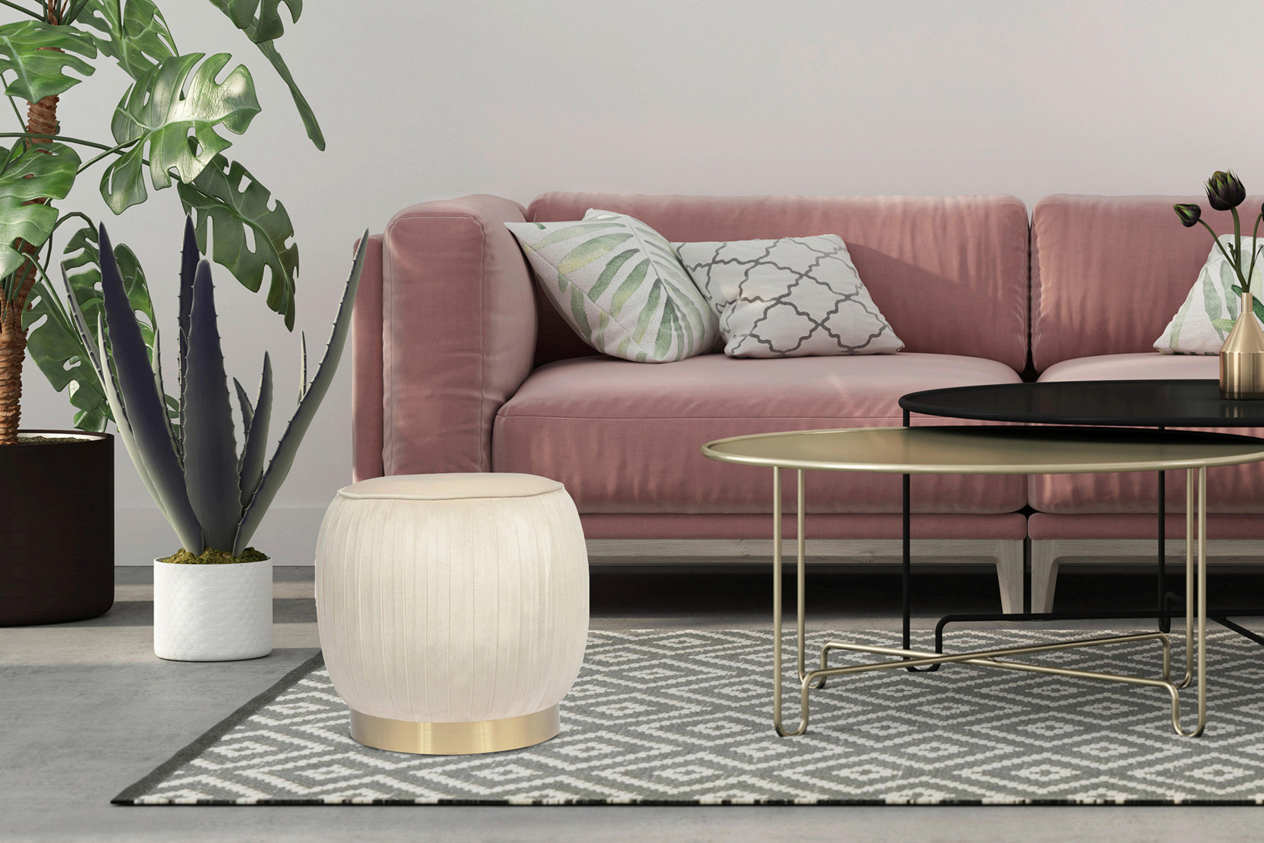 TABURETKA, plast, kov, 43/42/43 cm - zlatá/krémová, Design, kov/plast (43/42/43cm)