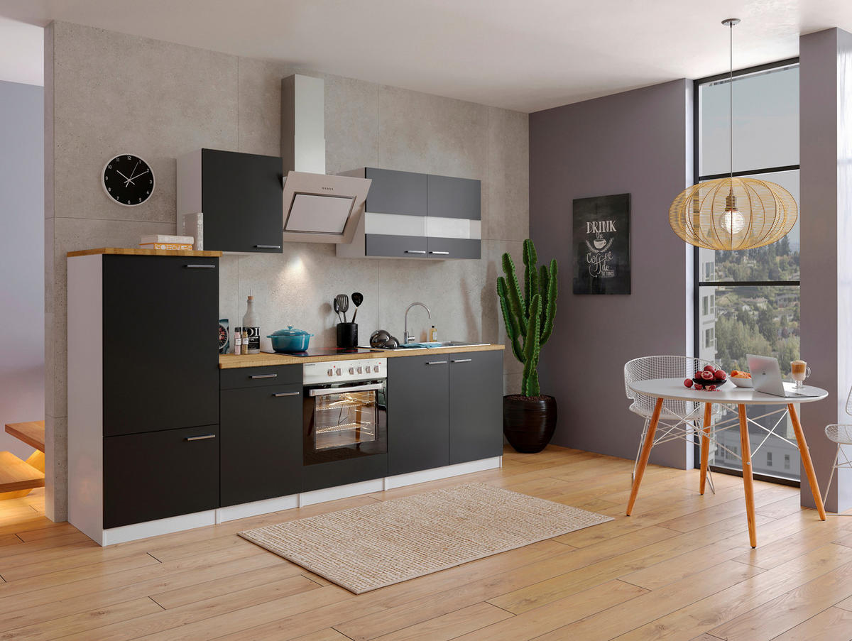 KÜCHENBLOCK 270 cm   in Schwarz  - Edelstahlfarben/Nussbaumfarben, Basics, Holzwerkstoff/Metall (270cm) - Respekta