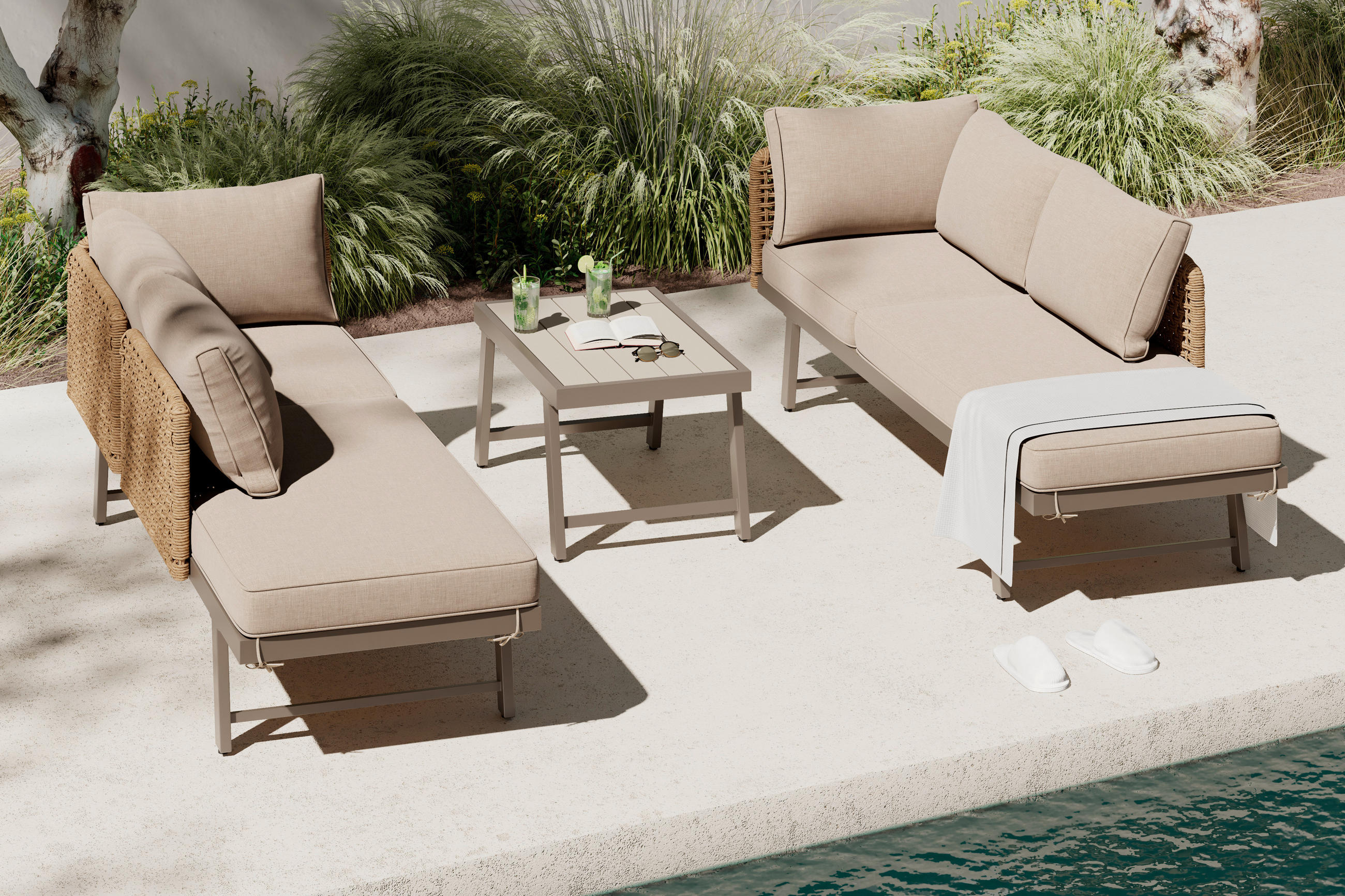 LOUNGE GARNITURA ogljikovo jeklo  - bežrjava/rumena, Moderno, kovina/umetna masa (200/67/68cm) - Beldano