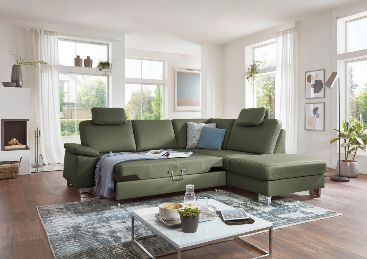 ECKSOFA  in Echtleder Olivgrün  248/235 cm  - Alufarben/Olivgrün, Design, Leder/Metall (248/235cm) - Beldomo Premium