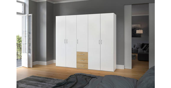 KLEIDERSCHRANK  in Weiß, Eichefarben  - Eichefarben/Silberfarben, Design, Holzwerkstoff (253/215/59cm) - Carryhome