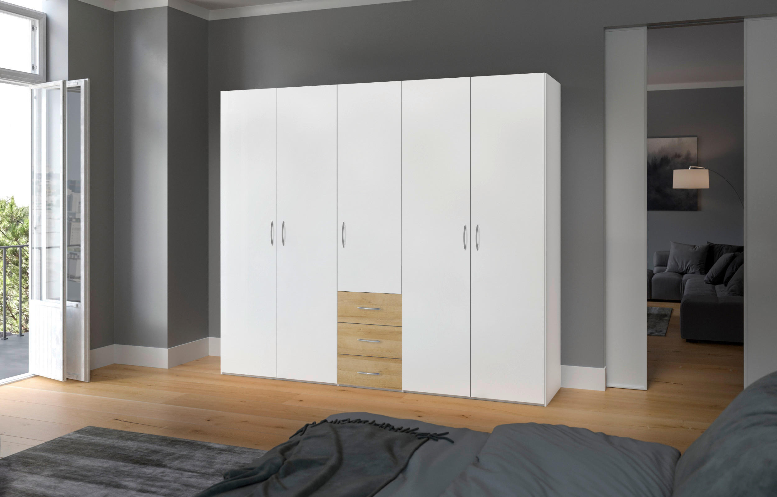 KLEIDERSCHRANK 253/215/59 cm 5-türig Weiß, Eichefarben  - Eichefarben/Silberfarben, Design, Holzwerkstoff (253/215/59cm) - Boxxx