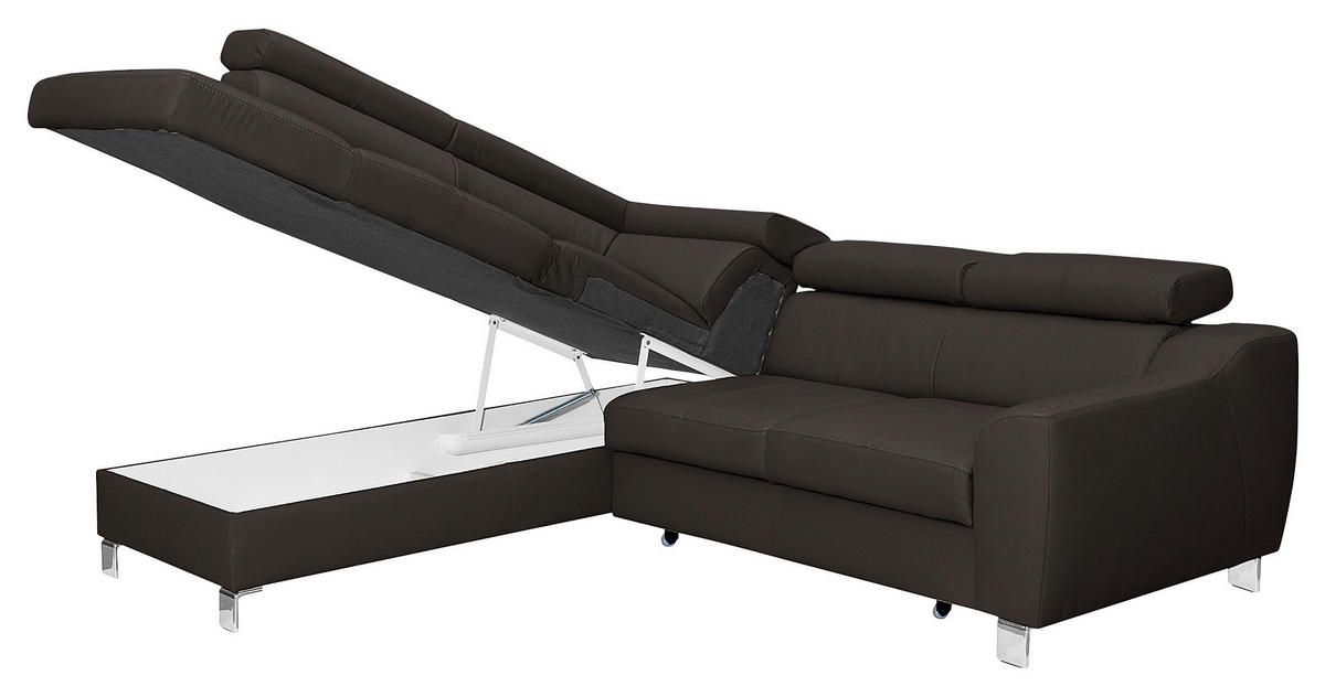 ECKSOFA Dunkelbraun Echtleder Lederlook  - Chromfarben/Dunkelbraun, Design, Leder/Textil (208/245cm) - Livetastic