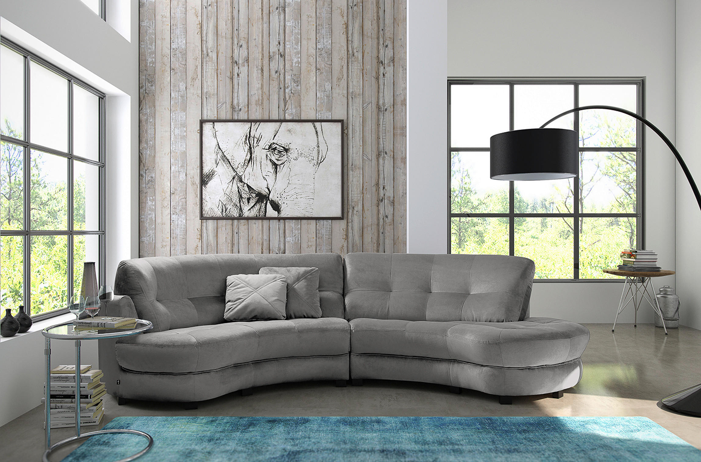 ECKSOFA Ottomane rechts, Rundform  BRETANIA Grau Samt  - Schwarz/Grau, Design, Kunststoff/Textil (300/113cm) - Livetastic