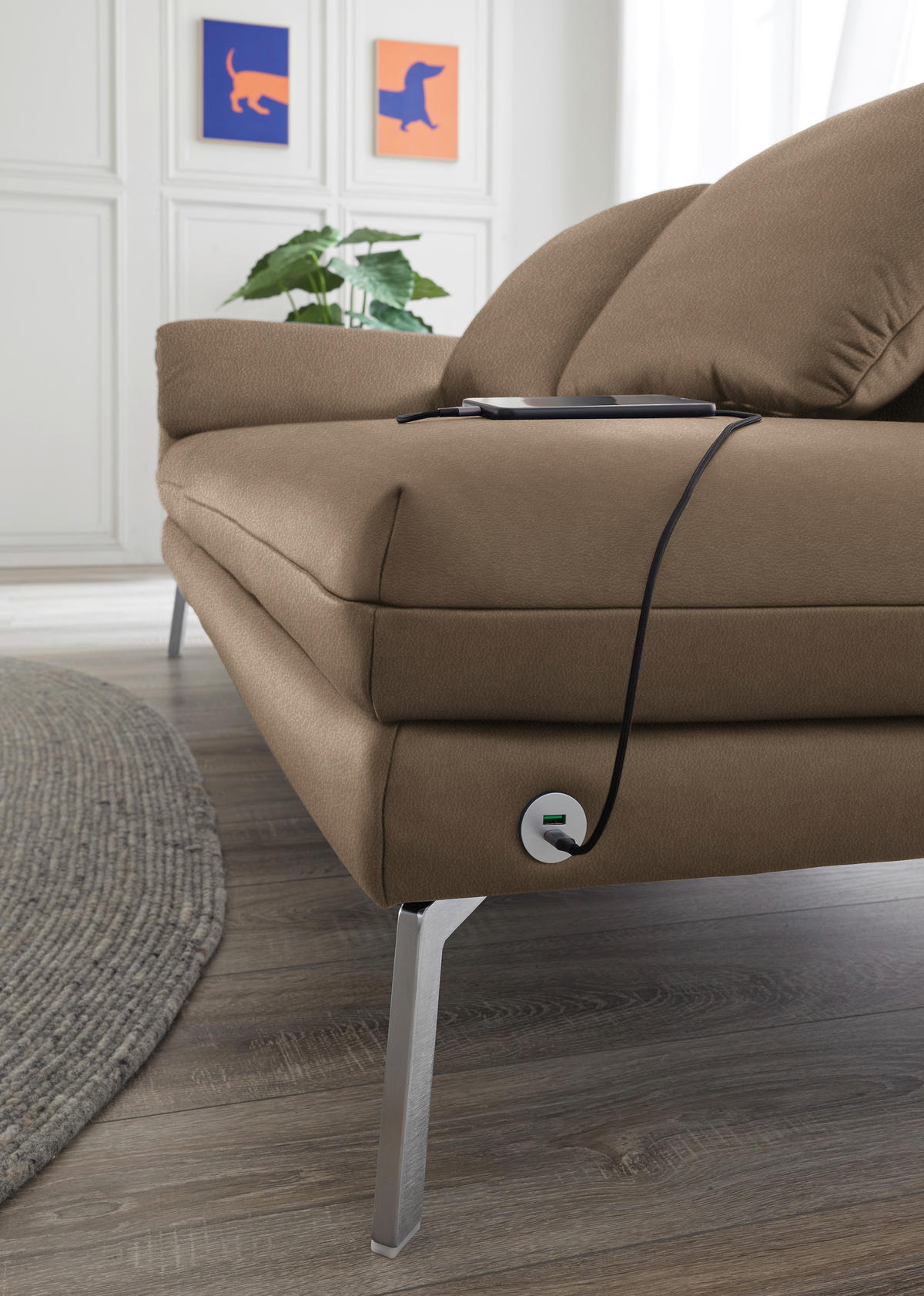 RÉCAMIERE in Echtleder Hellbraun  - Chromfarben/Hellbraun, Design, Leder/Metall (209/85-109/95-16cm) - Dieter Knoll