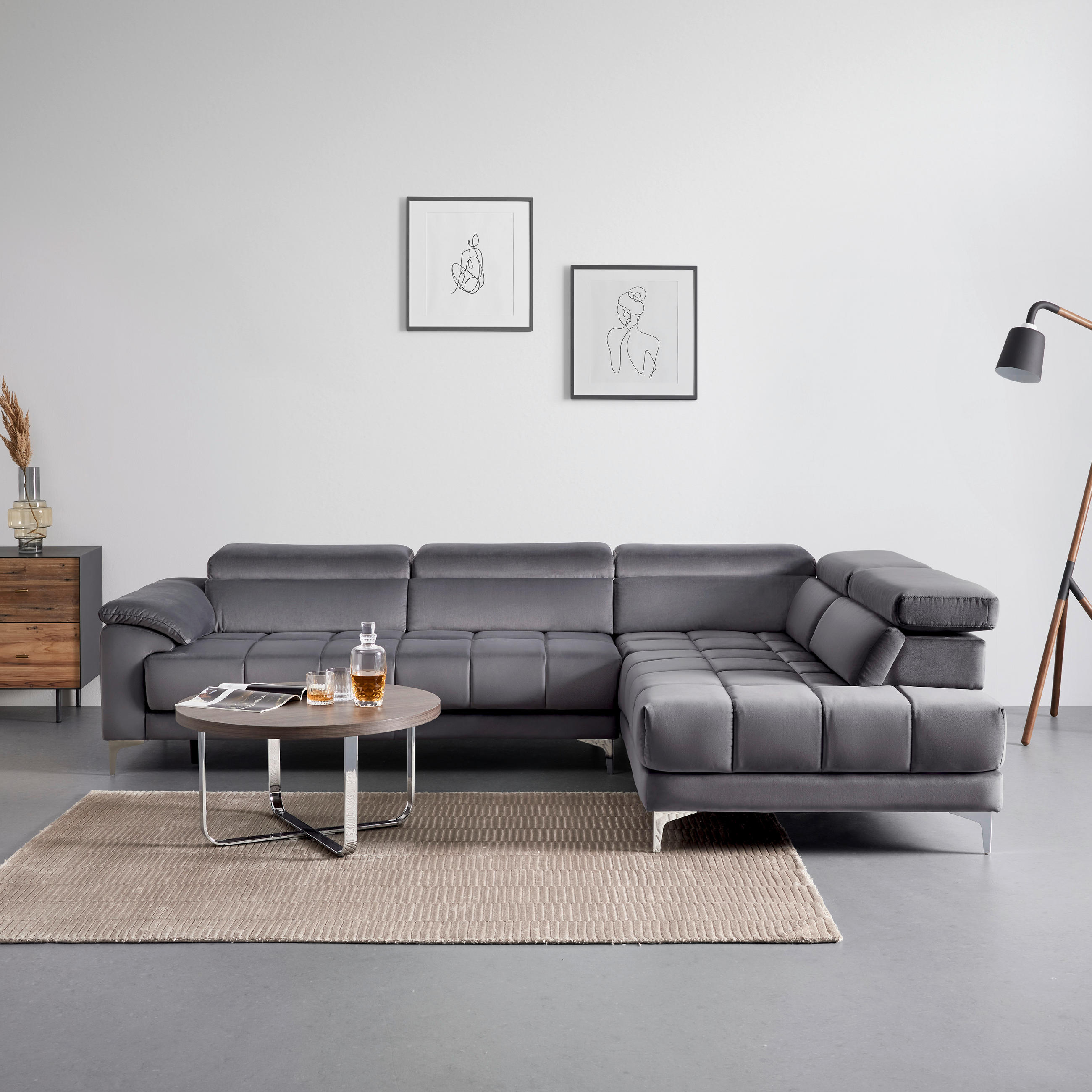 ECKSOFA in Samt Dunkelgrau  - Dunkelgrau/Silberfarben, Modern, Kunststoff/Textil (299/210cm) - Livetastic