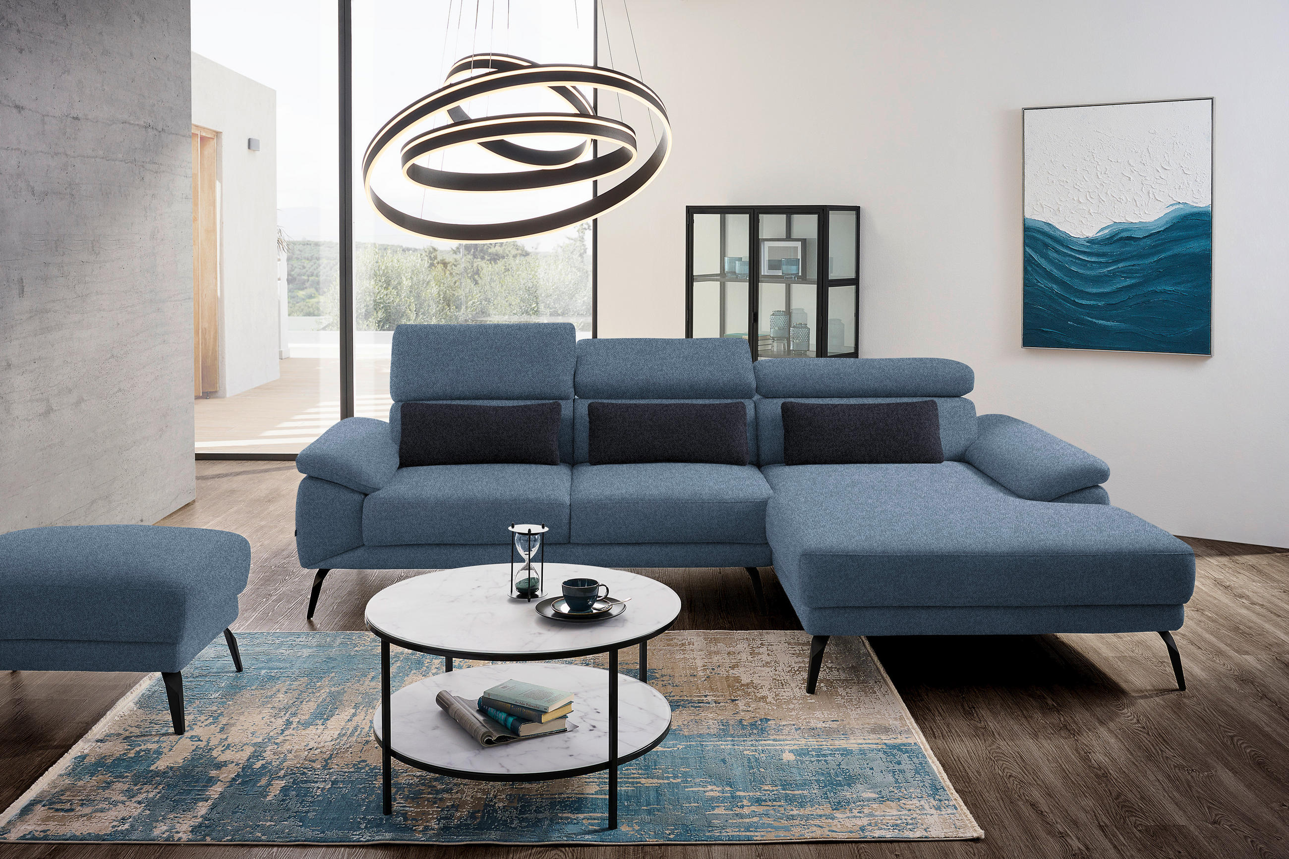 ECKSOFA in Velours Blau  - Blau/Schwarz, Design, Textil/Metall (295/187cm) - Novel